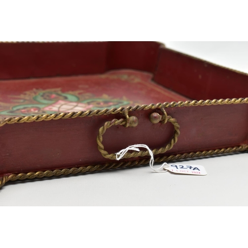 927A - A 20TH CENTURY TWIN HANDLED PAINTED METAL TRAY OF SHAPED SQUARE FORM, gilt rope twist handles and ri... 