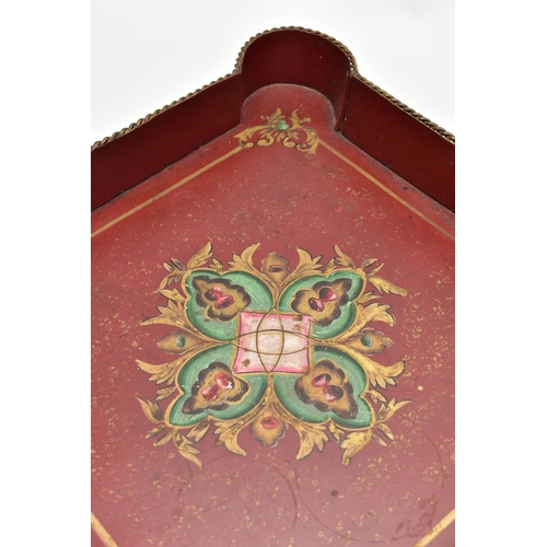 927A - A 20TH CENTURY TWIN HANDLED PAINTED METAL TRAY OF SHAPED SQUARE FORM, gilt rope twist handles and ri... 