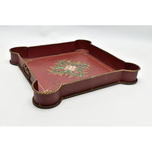 927A - A 20TH CENTURY TWIN HANDLED PAINTED METAL TRAY OF SHAPED SQUARE FORM, gilt rope twist handles and ri... 