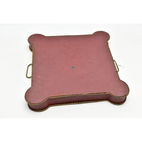 927A - A 20TH CENTURY TWIN HANDLED PAINTED METAL TRAY OF SHAPED SQUARE FORM, gilt rope twist handles and ri... 