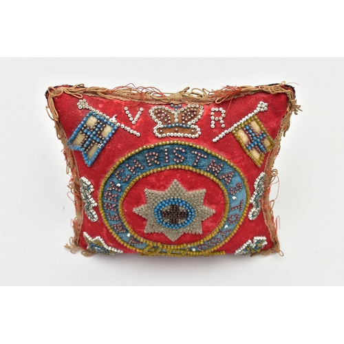 931A - A LATE VICTORIAN VELVET BEADWORK PIN CUSHION OF SQUARE FORM WITH ORDER OF THE GARTER TO THE CENTRE, ... 