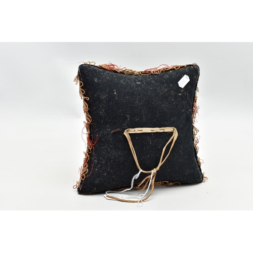 931A - A LATE VICTORIAN VELVET BEADWORK PIN CUSHION OF SQUARE FORM WITH ORDER OF THE GARTER TO THE CENTRE, ... 