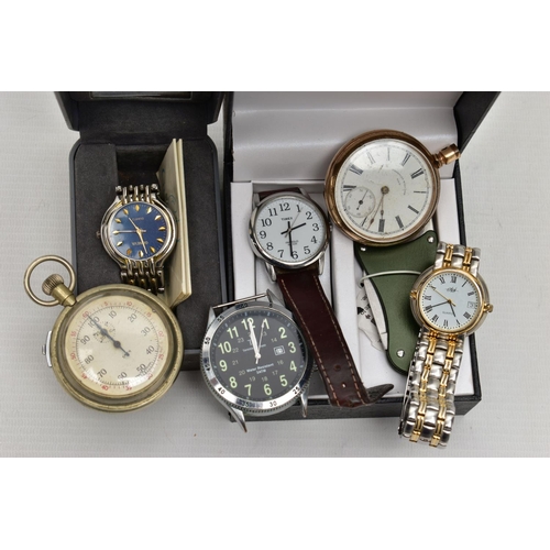 96 - AN ASSORTMENT OF WATCHES, to include a 'Smiths' pocket watch, a 'American Waltham' gold plated pocke... 