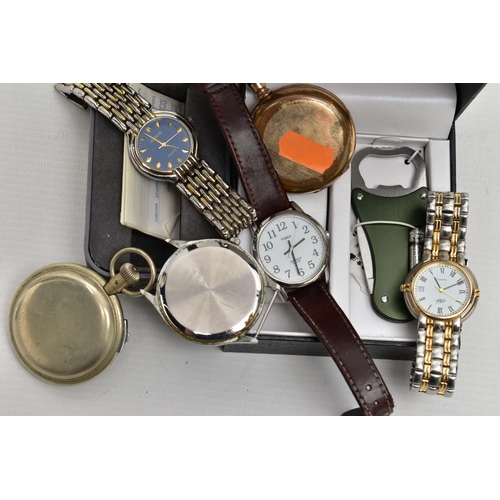 96 - AN ASSORTMENT OF WATCHES, to include a 'Smiths' pocket watch, a 'American Waltham' gold plated pocke... 