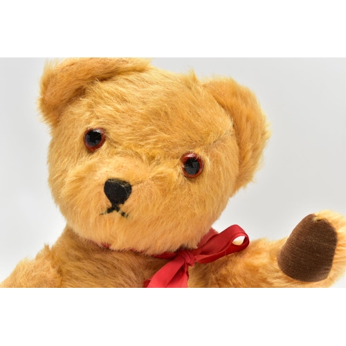 961A - A PEDIGREE GOLDEN PLUSH MUSICAL TEDDY BEAR, stitched nose, plastic eyes, jointed body, brown velvet ... 