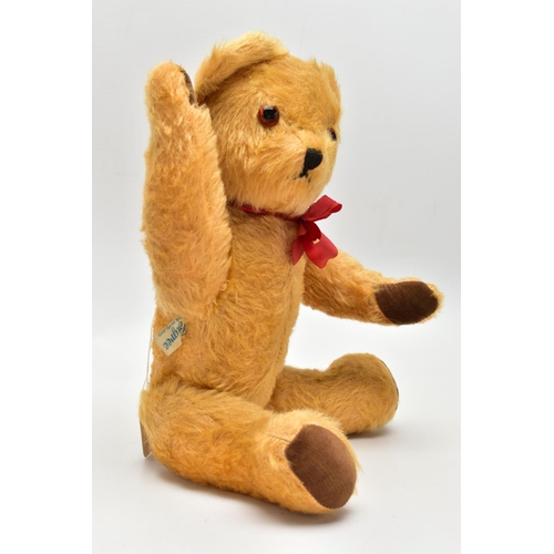 961A - A PEDIGREE GOLDEN PLUSH MUSICAL TEDDY BEAR, stitched nose, plastic eyes, jointed body, brown velvet ... 