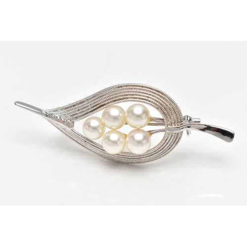 997A - A WHITE METAL BROOCH, designed as a leaf, set with five fresh water cultured pearls, measuring appro... 