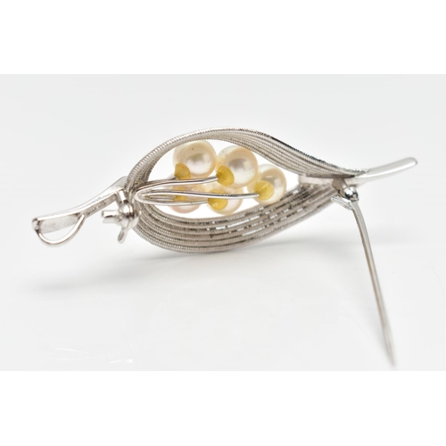 997A - A WHITE METAL BROOCH, designed as a leaf, set with five fresh water cultured pearls, measuring appro... 