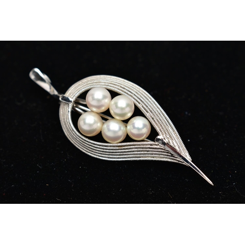 997A - A WHITE METAL BROOCH, designed as a leaf, set with five fresh water cultured pearls, measuring appro... 