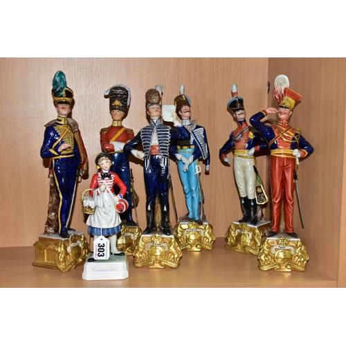303 - SIX CAPODIMONTE BRUNO MERLI FIGURES OF SOLDIERS IN HISTORICAL COSTUME OF 1798-1844 AND A GOEBEL MILI... 