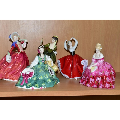 306 - FIVE ROYAL DOULTON FIGURINES, comprising Victoria HN2471, Elyse HN2474 (tiny chip to brim of hat), P... 