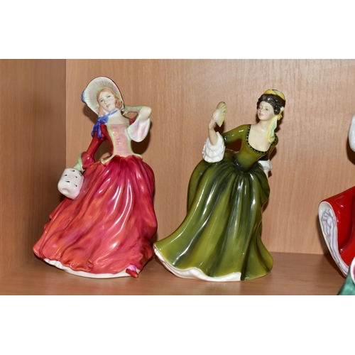 306 - FIVE ROYAL DOULTON FIGURINES, comprising Victoria HN2471, Elyse HN2474 (tiny chip to brim of hat), P... 