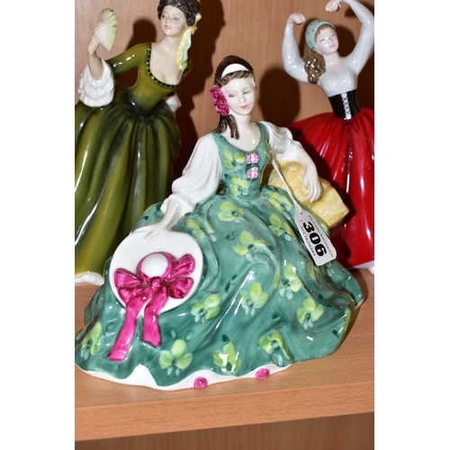 306 - FIVE ROYAL DOULTON FIGURINES, comprising Victoria HN2471, Elyse HN2474 (tiny chip to brim of hat), P... 