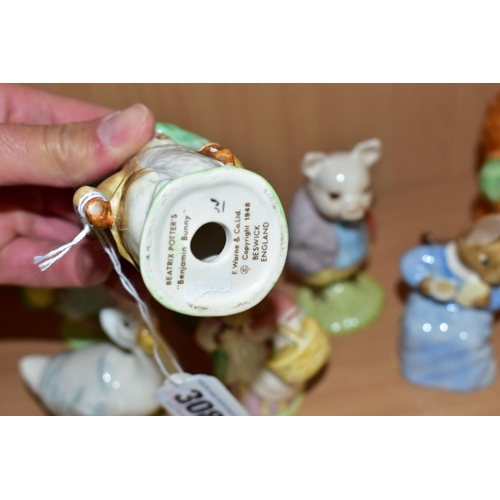 308 - TEN BESWICK BEATRIX POTTER CHARACTER FIGURES, comprising 'Squirrel Nutkin' with BP-3b backstamp (fir... 