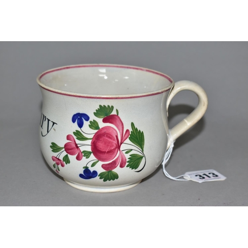 313 - AN EARLY NINETEENTH CENTURY PEARLWARE MINIATURE CHAMBER POT, painted with pink and blue flowers surr... 