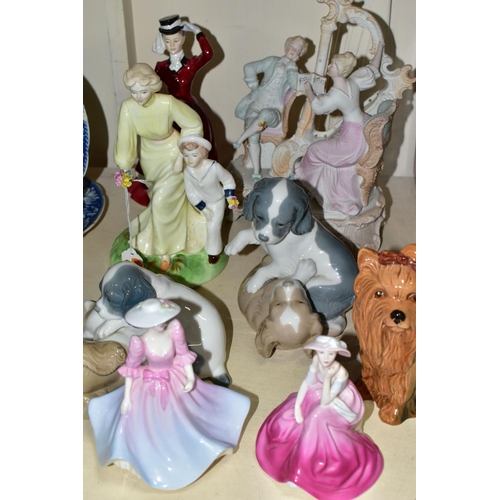 327 - A GROUP OF CERAMIC FIGURINES, FIGURE GROUPS AND DOG FIGURES, comprising Coalport 'The Garden Party' ... 