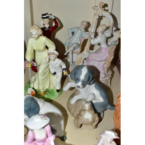 327 - A GROUP OF CERAMIC FIGURINES, FIGURE GROUPS AND DOG FIGURES, comprising Coalport 'The Garden Party' ... 