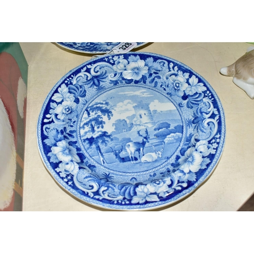 328 - THREE SMALL NINETEENTH CENTURY BLUE AND WHITE PLATES, transfer printed with deer in the landscape, c... 