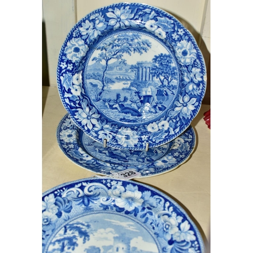 328 - THREE SMALL NINETEENTH CENTURY BLUE AND WHITE PLATES, transfer printed with deer in the landscape, c... 