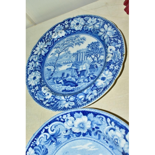 328 - THREE SMALL NINETEENTH CENTURY BLUE AND WHITE PLATES, transfer printed with deer in the landscape, c... 
