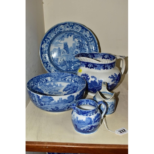 332 - FIVE PIECES OF BLUE AND WHITE CERAMICS, comprising a Copeland Spode's Italian jug height 7cm and bow... 