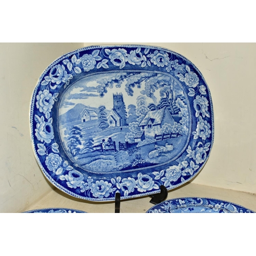 334 - FOUR PIECES OF ANTIQUE BLUE AND WHITE TRANSFER WARES, to include a meat plate printed with a rural v... 