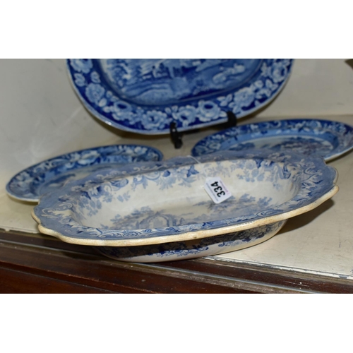334 - FOUR PIECES OF ANTIQUE BLUE AND WHITE TRANSFER WARES, to include a meat plate printed with a rural v... 