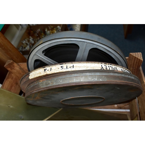 341 - ONE BOX OF VEHICLE BADGES AND FILM REELS, to include two metal cans of film reel marked - Rainbow Va... 