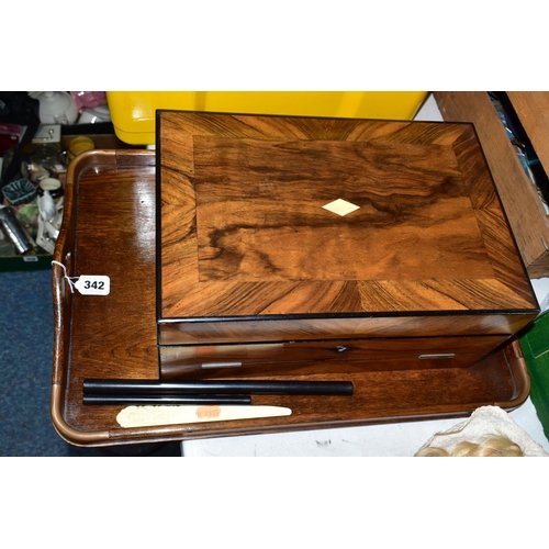 342 - A LARGE OAK TRAY AND VICTORIAN WRITING SLOPE, the tray has four copper corners and integral handles,... 