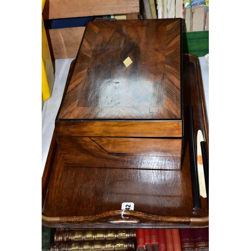 342 - A LARGE OAK TRAY AND VICTORIAN WRITING SLOPE, the tray has four copper corners and integral handles,... 