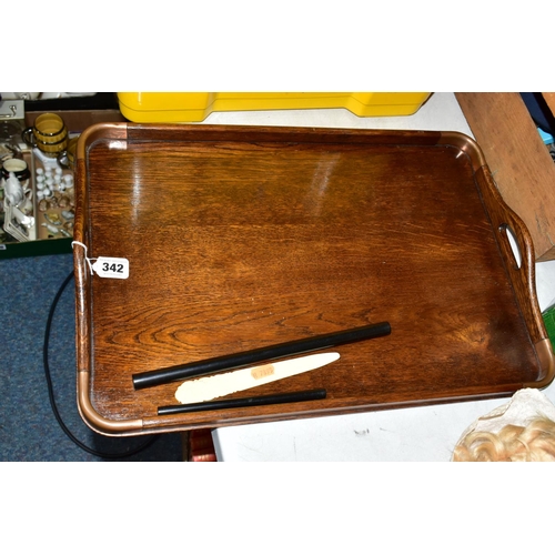 342 - A LARGE OAK TRAY AND VICTORIAN WRITING SLOPE, the tray has four copper corners and integral handles,... 