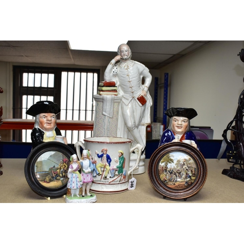 346 - A GROUP OF SEVEN EARLY VICTORIAN CERAMICS, comprising a large Staffordshire figure of Shakespeare c.... 