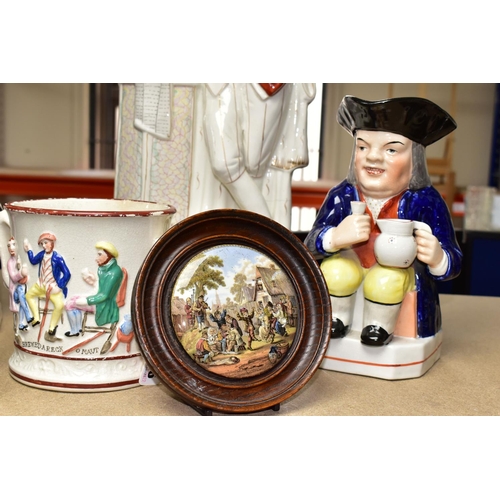 346 - A GROUP OF SEVEN EARLY VICTORIAN CERAMICS, comprising a large Staffordshire figure of Shakespeare c.... 