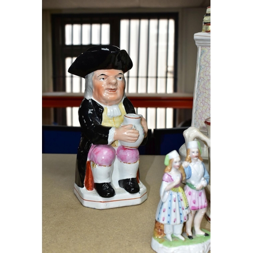 346 - A GROUP OF SEVEN EARLY VICTORIAN CERAMICS, comprising a large Staffordshire figure of Shakespeare c.... 