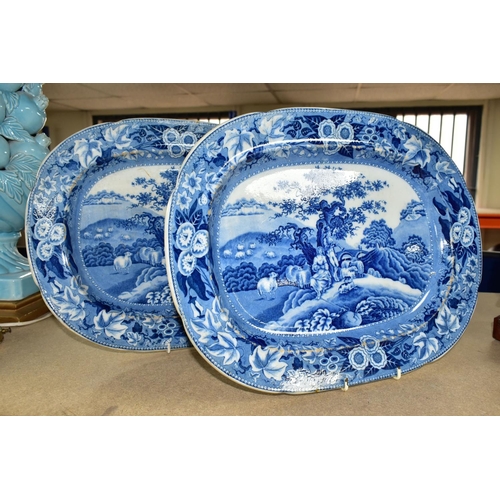 348 - TWO 19TH CENTURY BLUE AND WHITE MEAT PLATES, both in a rectangular form, decorated with a resting sh... 