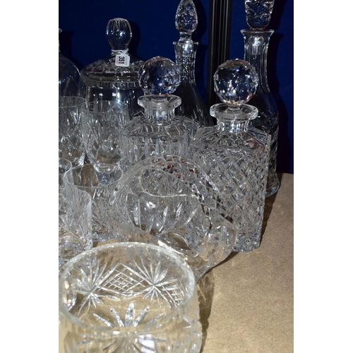 351 - A QUANTITY OF CUT CRYSTAL comprising two Royal Doulton decanters, two square diamond cut decanters, ... 