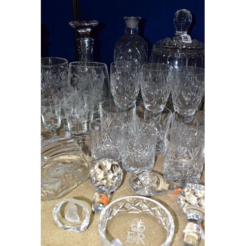351 - A QUANTITY OF CUT CRYSTAL comprising two Royal Doulton decanters, two square diamond cut decanters, ... 