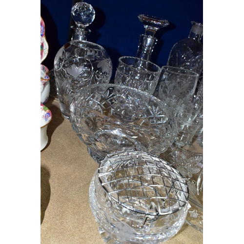 351 - A QUANTITY OF CUT CRYSTAL comprising two Royal Doulton decanters, two square diamond cut decanters, ... 