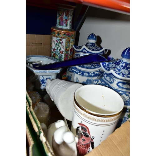 354 - TWO BOXES OF ORIENTAL STYLE CERAMICS GLASS WARES, to include an Enoch Wedgwood 'Asiatic pheasants' p... 