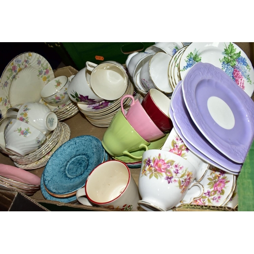 355 - ONE BOX OF CHINA TEA WARES, to include six Aynsley lilac patterned tea plates, three Coalport 'Embos... 