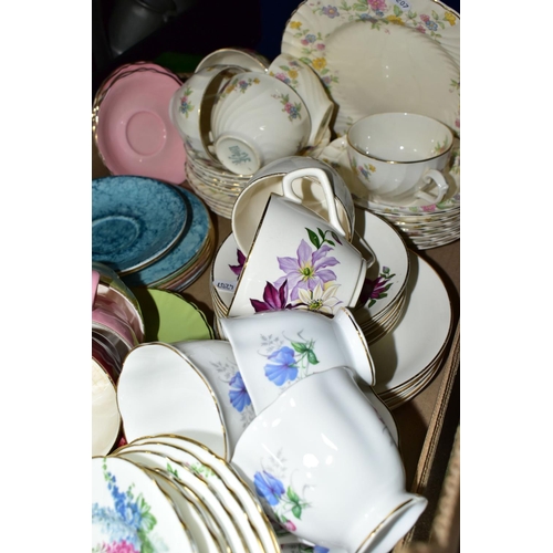 355 - ONE BOX OF CHINA TEA WARES, to include six Aynsley lilac patterned tea plates, three Coalport 'Embos... 