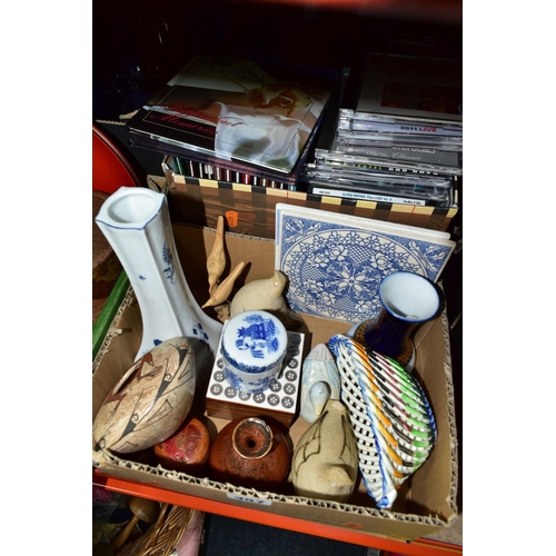 357 - FOUR BOXES OF ASSORTED CERAMICS, ORNAMENTS AND CDS, to include a studio pottery cup and saucer stamp... 