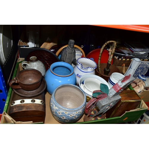 357 - FOUR BOXES OF ASSORTED CERAMICS, ORNAMENTS AND CDS, to include a studio pottery cup and saucer stamp... 