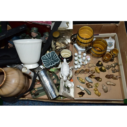 358 - TWO BOXES OF CERAMICS AND ASSORTED SUNDRIES, to include a pair of Prisma Zoom binoculars, two gilt f... 