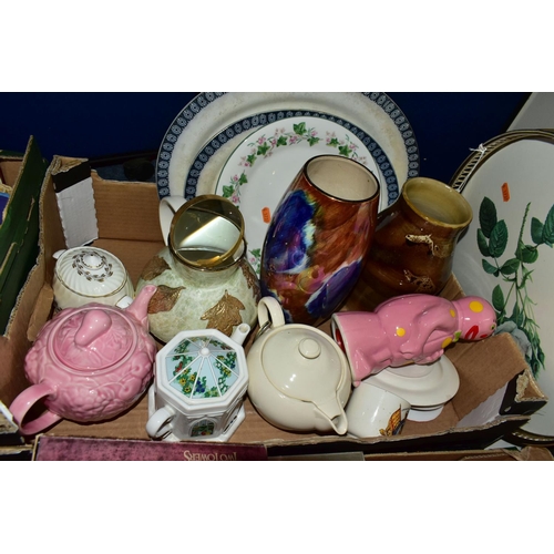 358 - TWO BOXES OF CERAMICS AND ASSORTED SUNDRIES, to include a pair of Prisma Zoom binoculars, two gilt f... 