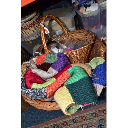 360 - NINE BOXES OF HABERDASHERY AND MID CENTURY TEXTILES, to include a cat's wicker basket, wicker flower... 