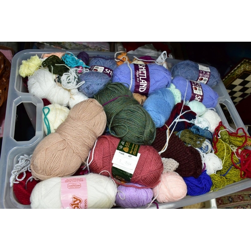 360 - NINE BOXES OF HABERDASHERY AND MID CENTURY TEXTILES, to include a cat's wicker basket, wicker flower... 