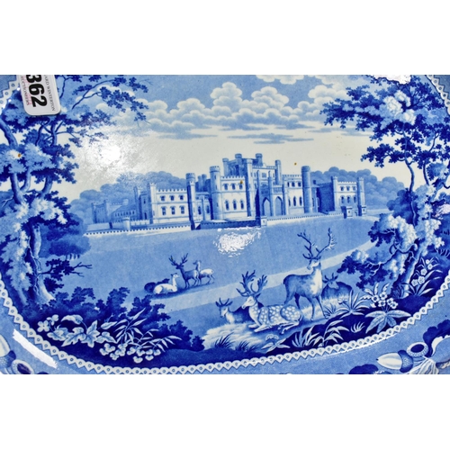 362 - AN EARLY 19TH CENTURY BLUE AND WHITE MEAT PLATE OF SHAPED RECTANGULAR FORM PRINTED WITH A TITLED VIE... 