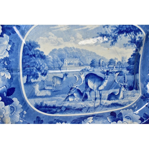 363 - A 19TH CENTURY BLUE AND WHITE MEAT PLATE OF SHAPED RECTANGULAR FORM WITH GRAVY WELL AND PRINTED WITH... 