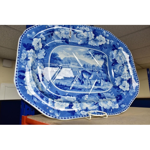 363 - A 19TH CENTURY BLUE AND WHITE MEAT PLATE OF SHAPED RECTANGULAR FORM WITH GRAVY WELL AND PRINTED WITH... 